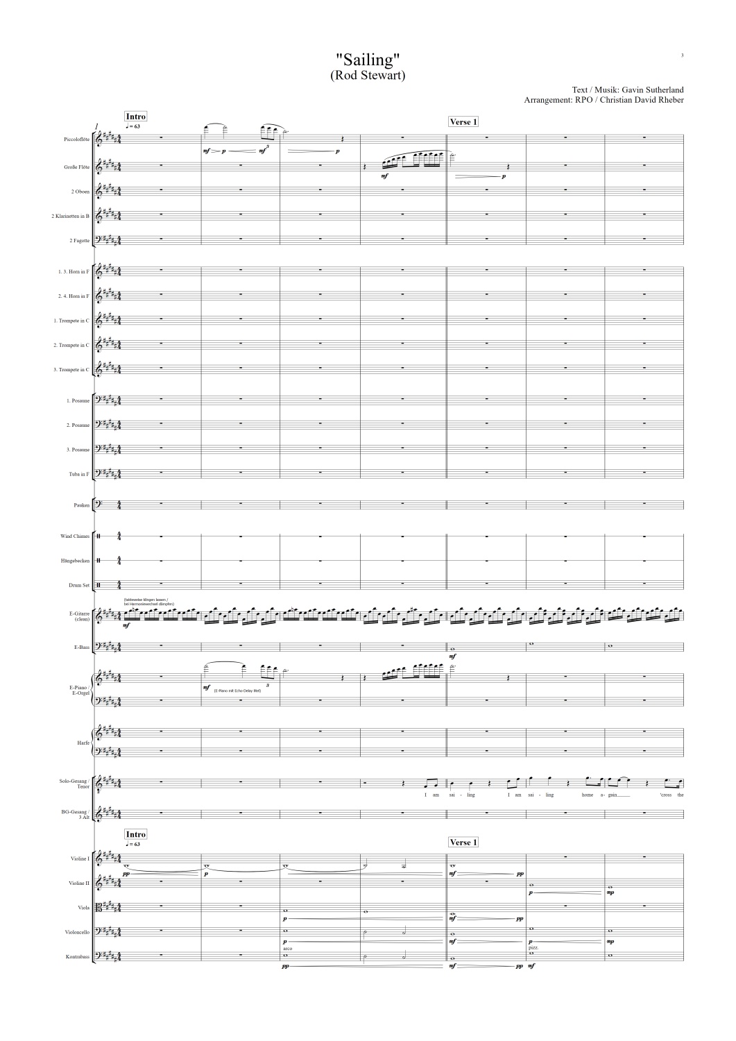 Orchester-Arrangement Sailing (Rod Stewart), Noten für Orchester, Orchester-Partitur, für Orchester arrangiert, Orchester Partitur